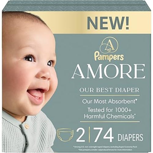 Pampers Amore, Size 2 (10-22 lbs), 74 Count, Our Best Diaper – Hypoallergenic & Fragrance Free, Up to 100% Leakproof, Soft as Cashmere