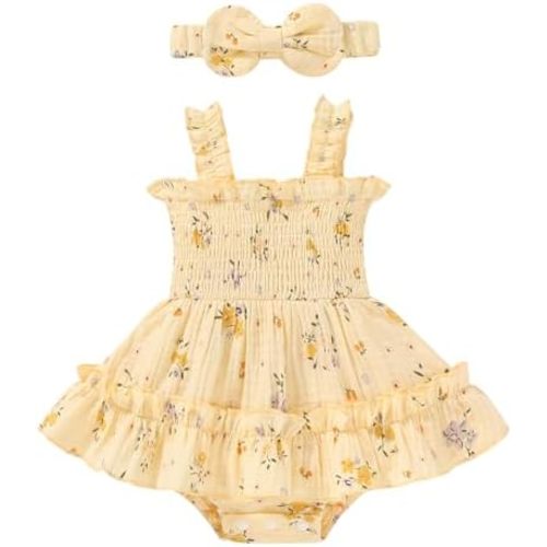 Happy Town Infant Baby Girl Clothes Toddler Summer Sleeveless Romper Dress with Headband Newborn Jumpsuit Outfits
