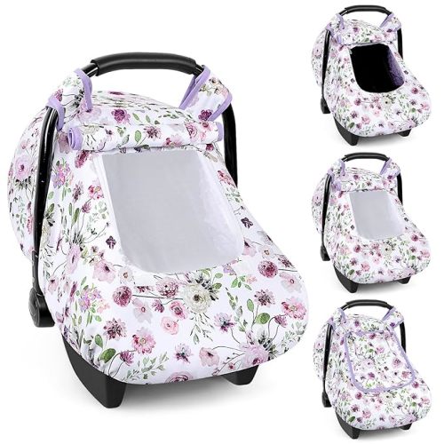 Baby Car Seat Cover Winter, Windproof Carseat Covers for Newborn with 2 Layers Window, Purple Flowers Infant Car Seat Canopy for Boys and Girls with Minky Dot Backing, Keeps Babies Warm and Cozy