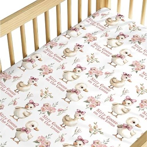 Baby Boy Girl Standard Crib Sheet Silly Goose on the Loose, Funny Pink Floral Cute Geese Farm Animal Snug Fitted Mattress Cover, Soft Breathable Nursery Kid Toddler Bed Decor Shower Gift 52x28