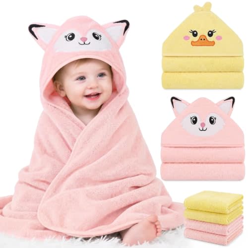6 PCS Baby Bath Towels for Infants Toddlers Essentials, Pink | 2 PCS Baby Towels & 4 PCS Washcloths Set, Cute Animal Hooded, Ultra Absorbent & Soft, Newborn Shower Gifts for Boys & Girls