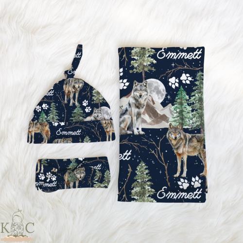 Personalized Wolf Baby Gift Bundle | Custom Woodland Nursery Set, Forest Animal Newborn Baby Boy Coming Home Outfit - Create Your Own Bundle