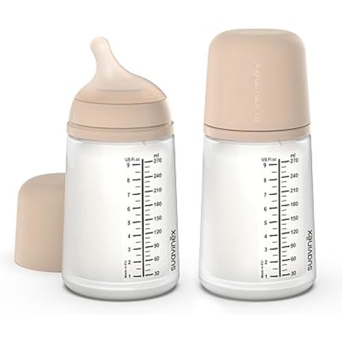 Suavinex Zero Zero Anti Colic Baby Bottle, No 1 Spanish Baby Bottle Brand, Minimizes Bottle Rejection & Nipple Confusion, Perfect for Combo Feeding, 2pk, 9oz/270mL, Light Tone, Medium Flow Nipple