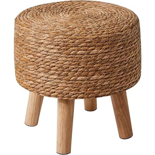 YMYNY Foot Stool Natural Seagrass Hand Weave, 12.6" Small Ottoman, Round Footrest for Living Room, Bedroom, Entryway, Change Shoes Stool, Non-Skid Wood Legs, Boho, Natural, UHBD027N