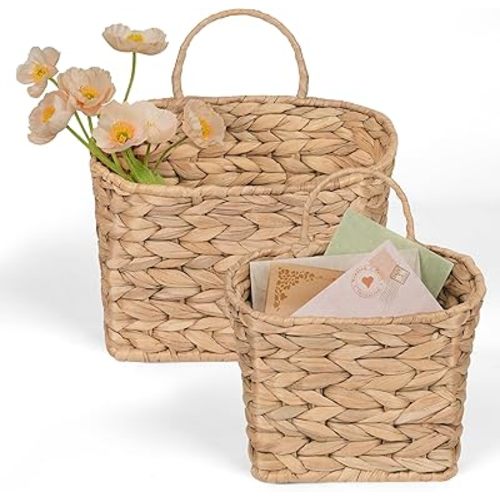 Set of 2 Hanging Basket, Wicker Wall Basket Natural Water Hyacinth, Hanging Baskets for Organizing and Decor, Storage Baskets for Door Mounted Entryway Flower Mail Plant Garden