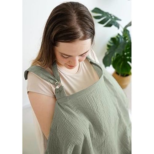 Muslin Nursing Covers for Breastfeeding, Privacy Breast Feeding Cover with Arch Neckline for Mom and Baby, Breathable 100% Cotton Nursing Apron Multi-use Stroller Cover
