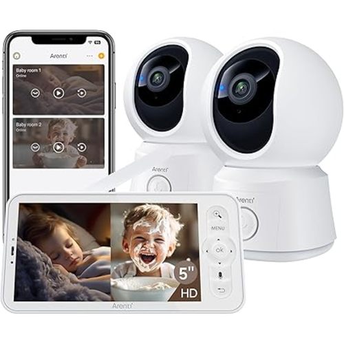 ARENTI Baby Monitor 2 Cameras, Smart Baby Camera with 5-Inch Wireless Display, Super Night Vision, Temperature Sensor, Sound Detection, Auto Motion Tracking, 2-Way Audio, VOX Mode(B2 Set)