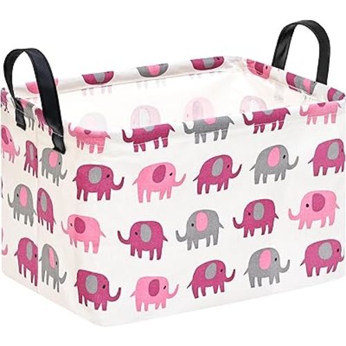 Rectangle Pink Elephant Pattern Gift Basket Storage Bin Laundry Hamper Storage Organization Box Nursery Hamper for Clothes with Handles
