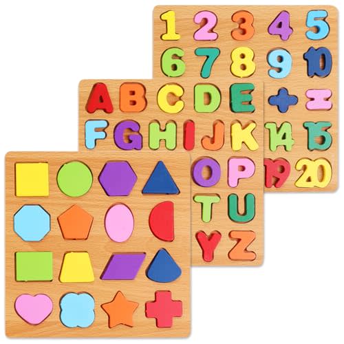 Alphabet Wooden Puzzles for Toddlers 3-5, Pack of 3 ABC, Number and Shape Puzzle, Preschool Educational Learning Toys with Puzzle Board & Letter Blocks for Girls Boys Ages 3 4 5 Years Old