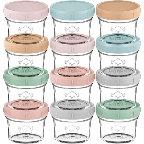 KeaBabies 12pk 4oz Glass Baby Food Containers with Lids - Leak-Proof, Microwavable Small Glass Jars, Baby Purees & Toddler Snack Storage Containers, BPA-Free, Dishwasher & Freezer Safe (Musk Dusk)