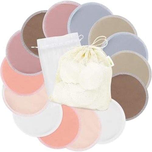 wegreeco Nursing Breast Pads (14 Pack) + Laundry Bag & Travel Storage Bag, 4.7 inch Option - Washable & Reusable Breastfeeding Nursing Pads (Mild, Plain Shape, X-Large)
