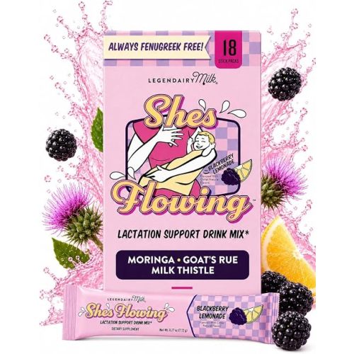 Legendairy Milk She's Flowing – BlackBerry Lemonade, Lactation Support Drink Mix – Breastfeeding Electrolytes, Coconut Water, Moringa, Milk Thistle, Fenugreek Free, Postpartum Hydration, 18 Ct