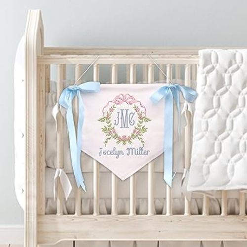 Custom Baby Banner with Embroidered Monogrammed Name, Welcome Banner, Hospital Door Sign, Baby Shower with Bows, Baby Crib Hanging Pennant Flag, Baby Room Front Door Sign, Nursery Wall Décor