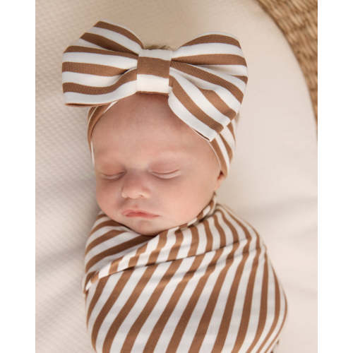 Chestnut Brown Stripe Swaddle & Luxe Bow Headband Set | Little Sleepies