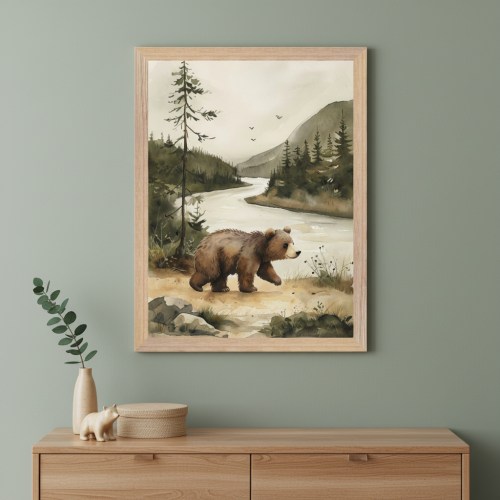 Woodland Bear Wall Art - Watercolor Forest Landscape Decor - Forest Stroll - For Nursery, Playroom or Kids Bedrooms