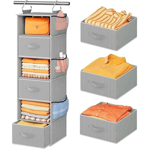 Pipishell Hanging Closet Organizer 6-Shelf, Hanging Shelves for Closet with 3 Removable Drawers & Side Pockets for Bedroom, Garment Rack and Wardrobe Organization, 12' x 12' x 43.3', Dark Gray