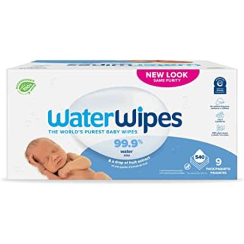 Amazon.com: WaterWipes Plastic-Free Original Baby Wipes, 99.9% Water Based Wipes, Unscented & Hypoallergenic for Sensitive Skin, 540 Count (9 packs), Packaging May Vary