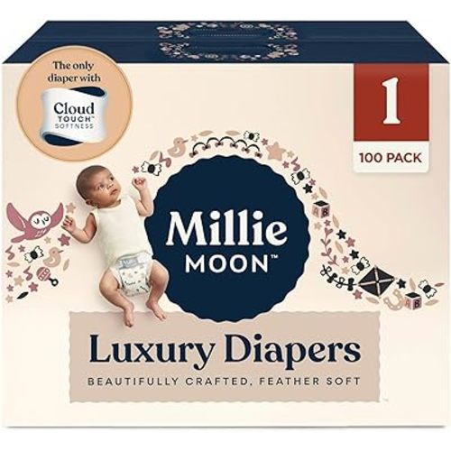 Millie Moon Luxury Diapers, CloudTouch Softness, 12-Hour Leak Protection, Hypoallergenic for Sensitive Skin (1-100ct)