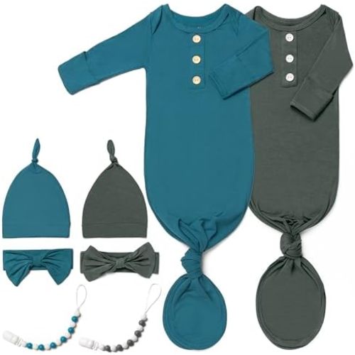 2PK Silky Soft Newborn Knotted Gown, Snuggly Infant Sleeper for Baby Girls, Sleepwear Set with Mittens, Bowknot, Clip and Hat
