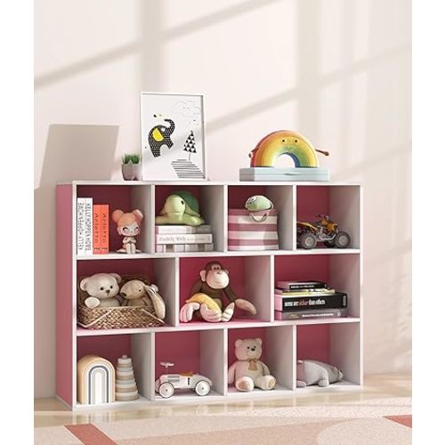 11-Cube Pink Kids Bookshelf and Toy Organizer – Wooden Storage Shelf for Girl’s Room and Nursery, Ideal Gift for Toddlers and Preschoolers