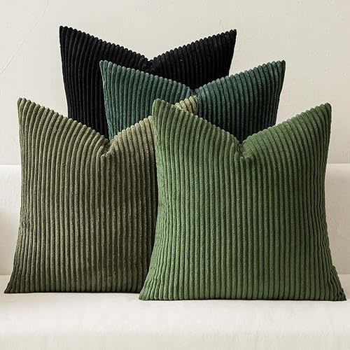 MIULEE Boho Farmhouse Throw Pillow Covers 18x18 Inch Set of 4 Mordern Neutral Green Cushion Covers Soft Corduroy Nordic Home Decor for Spring Couch Bed Sofa Living Room Green-Black