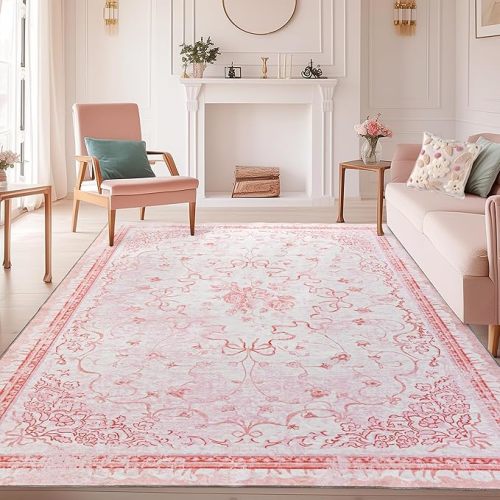 Pink Area Rugs 8x10 for Bedroom Playroom - Large Pastel Boho Classroom Rug,Washable Under Bed Bow Floral Cottagecore French Country Rug for Living Room Nursery,Cute Room Decor Aesthetic for Teen Girl
