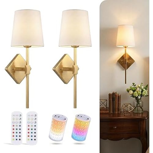 CLOUDY BAY 10000mAh Battery Operated Wall Sconces,Up to 100 Hours with Rechargeable RGB Dimmable Magnetic Bulb,Cordless Wall Lighting Fixtures with Remote for Bedroom,Soft Gold,2 Pack-18inch