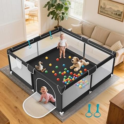 64x64 in Baby Playpen for Babies and Toddlers - Indoor and Outdoor Extra Large Baby Play Pen with Soft Breathable Mesh & External Zipper Door - Play Yard with 2 Handles for Walking Playing, Black