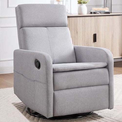 Swivel Rocking Recliner Chair for Adults, Rocker Nursery Glider Chair for Living Room Bedroom, Upholstered Fabric Reclining Single Sofa Chair(Light Grey)