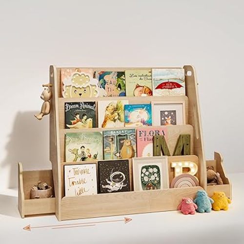 Kids Bookshelf with Drawers & Hooks, 4-Tier Forward-Facing Book Display for Toddlers, Wooden Magazine Rack with Hidden Toy Storage, Montessori-inspired Bookcase for Bedroom, Nursery & Classroom