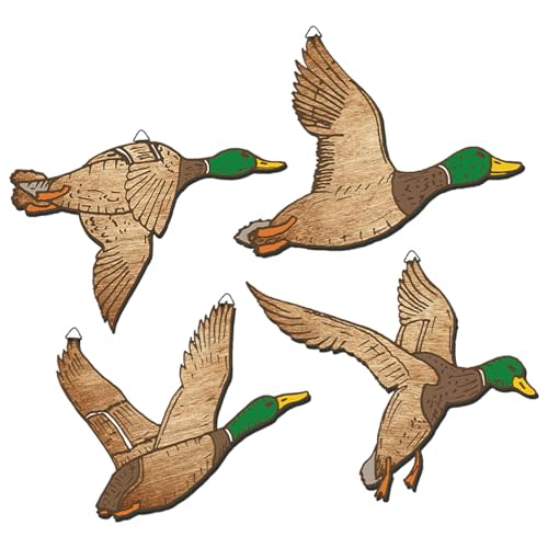 FYSUIMU 4Pcs Duck Hunting Wall Decor Wooden Flying Ducks Decor Mallard Duck Wood Ornament Farmhouse Rustic Wall Art Sign Carved for Home Living Room Bedroom Playroom Nursery Classroom