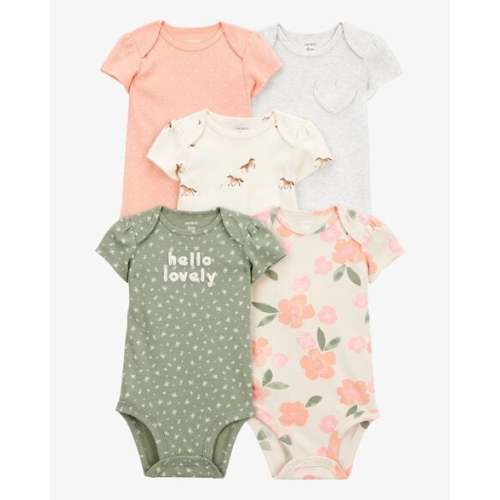 Baby Girl 5-Pack Floral Horses Short-Sleeve Cotton Bodysuits - Pink/Green - Carter's | Carter's