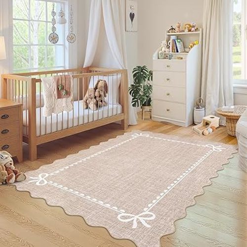 GarveeHome Scalloped Bow Rug for Living Room, Solid Camel Rug for Dorm, Washable Rugs 3x5 Soft Low Pile Non Slip Scalloped Rugs for Nursery Bedroom Decor Hallway Kids Room Playroom