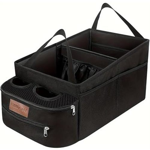 FUNNy elf Car Backseat Organizer for Cars, Collapsible Front Seat Organizer with 4 Cup Holders, Storage Pockets & Dividers, Passenger Seat Organizer for SUV, Truck, Sedan
