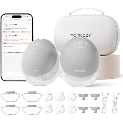 Momcozy Breast Pump Hands Free Upgraded Mobile Flow | M9, App Discreet Control with Personalized Multi-Modes & 15 Levels, Wearable Breast Pump 24mm, 2 Pack Gray