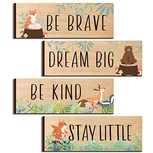 4 Pieces Woodland Nursery Decor Baby Safari Nursery Decor Kids Cute Jungle Animal Room Decor Nursery Decorations for Baby boy Bedroom Toddler Room 11x 3.9 Inches (Light Brown Background,Cute Animals)