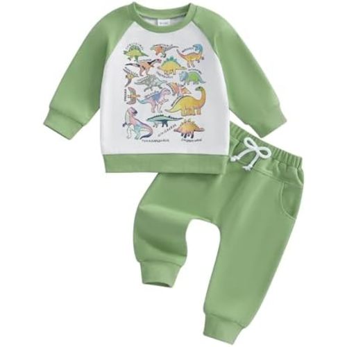 Fernvia Toddler Boy Fall Clothes 2T 3T 4T Dinosaurs Color Block Long Sleeve Sweatshirt Pants Set Kids Winter Outfits