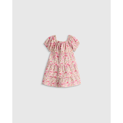Girl's 100% Organic Cotton Poplin Tiered Dress in Pink Ditsy Floral