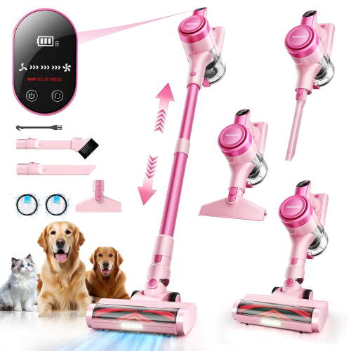 Homeika Cordless Vacuum Cleaner, 300W 23KPa Powerful Suction Vacuum with LED Display, 3 Suction, 48mins Runtime, Lightweight Stick Cleaner with Sofa Brush for Hard Floor/Carpet/Pet Hair/Car, Pink