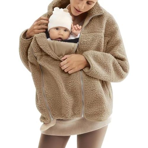 Women Fleece Zip Up 2 in 1 Baby Wearing Jacket Maternity Winter Coat Thicken Kangaroo Sweatshirt