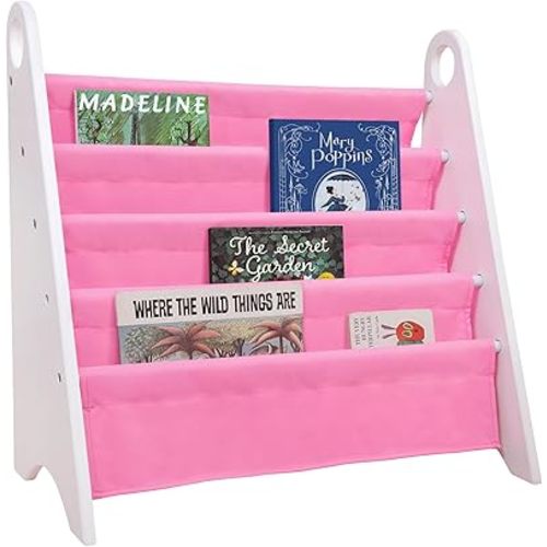 Wildkin Sling Bookshelf for Kids – Modern Wooden Storage with 4 Fabric Shelves & Handles, Organizer for Home or Classroom - White Pink