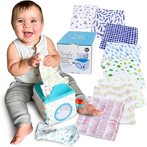 Quiggly Soft Fabric Tissue Box Toy for Babies- Montessori Sensory Development Toy for 6-12 Month Olds - 100% Cotton, Crinkle Tissues, Ribbon Details, Safety Mirror- Ideal for Infant Gross Motor Skills
