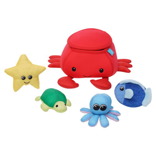 Manhattan Toy Neoprene Crab 5 Piece Floating Spill n Fill Bath Toy with Quick Dry Sponges and Squirt Toy