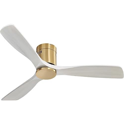 Sofucor 52 Inch Solid Wood Ceiling Fan Without Lights Flush Mount Ceiling Fans with Remote Control, Wood Blades Modern Outdoor Ceiling Fan No Light for Bedroom/Farmhouse/Patio/Indoor, Grey Gold