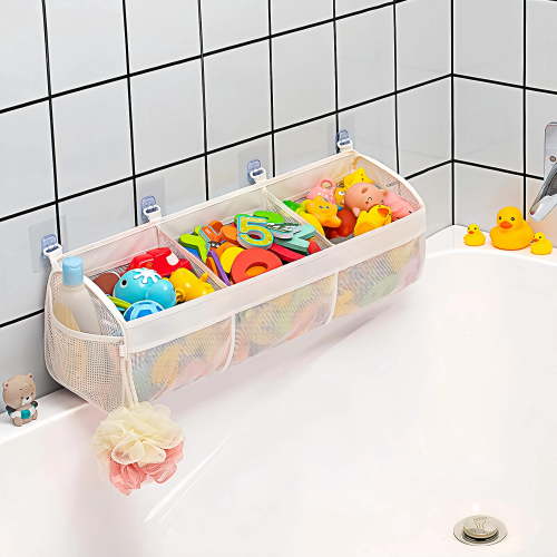 Mesh Bath Toy Organizer with 3 Compartments, Hanging Breathable Bath Toy Storage with Strong Adhesive Hooks, Kids Bathtub Toy Holder for Easy Access and Sorting,White