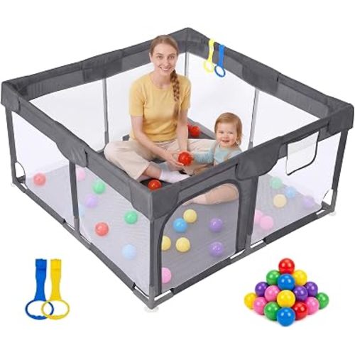 Dripex Baby Playpen, 47"x47" Small Play Pen for Babies, Dark Gray