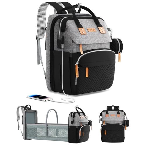 Diaper Bag Backpack with Changing Station, Multifunctional Diaper Bag, Extra Large Capacity, Baby Bag, GreyBlack