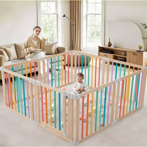 Foldable Wooden Baby Playpen-61"x61"x25" (Multicolor, 8 Panel)