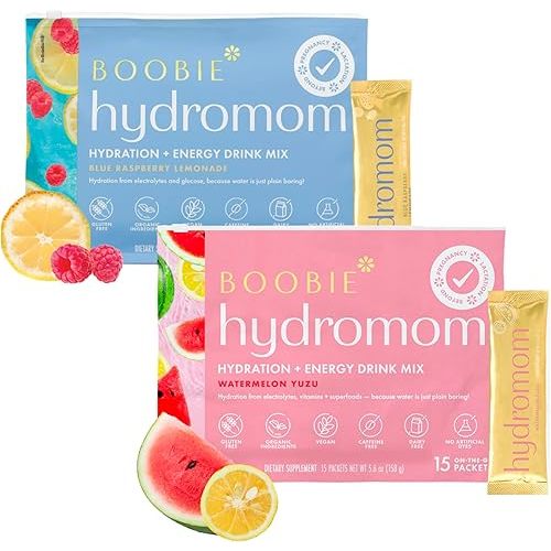 Boobie Hydromom Superfood Electrolyte Drink Mix, Watermelon Yuzu + Blue Raspberry Lemonade | Refreshing Energy, Hydration Boost | On-The-Go Travel Essential for Pregnancy, Lactation, & Beyond - 2 Pack