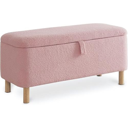 Boucle Storage Ottoman Bench for Bedroom end of Bed, Sherpa Upholstered Shoe Seat Storage Beach for Entryway Bed Foot, Rectangle Cushion Padded Blanket Chest Cute for Living Room, Deep Pink